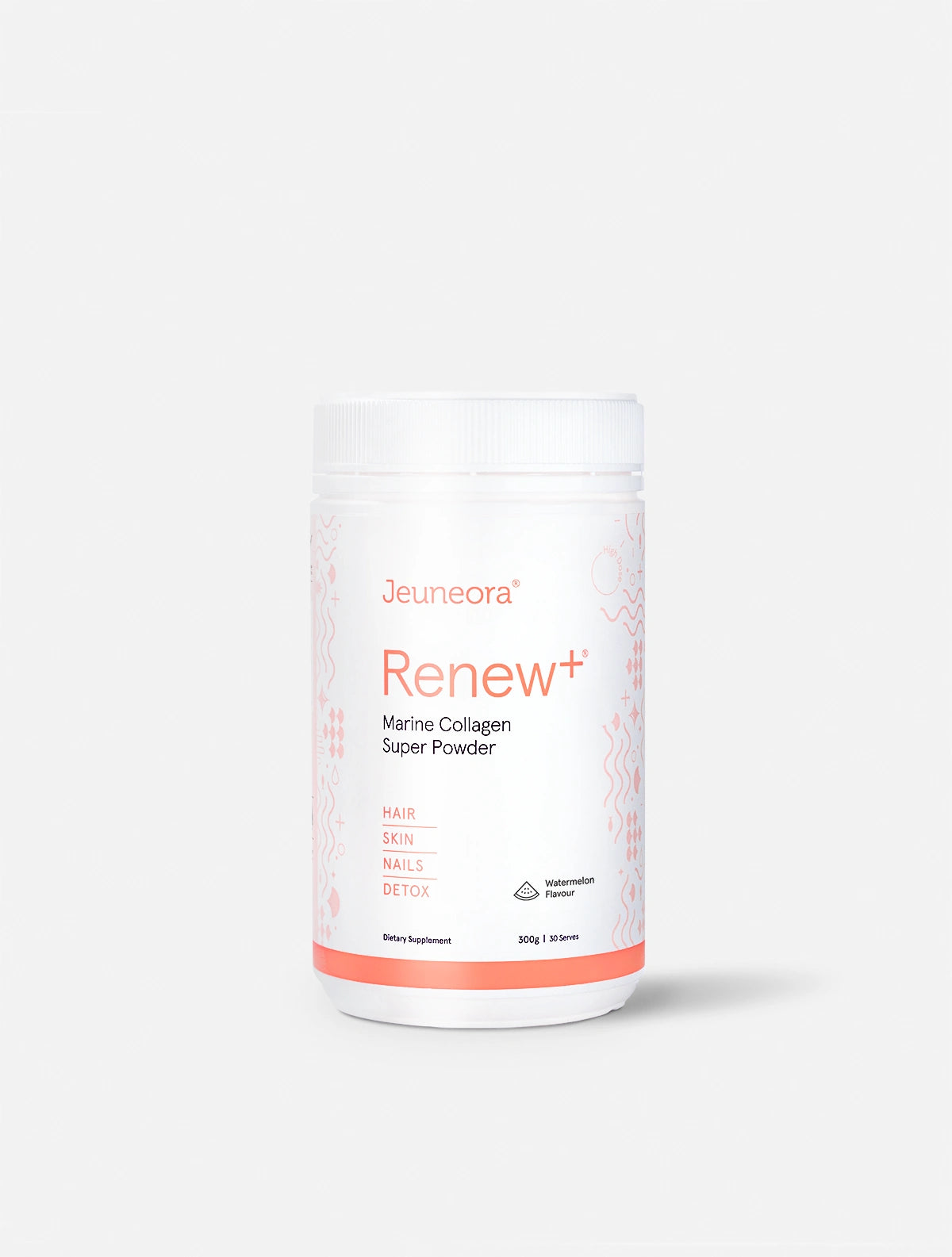 A container of Jeuneora Renew+ Marine Collagen Super Powder - Watermelon flavour on a white background.