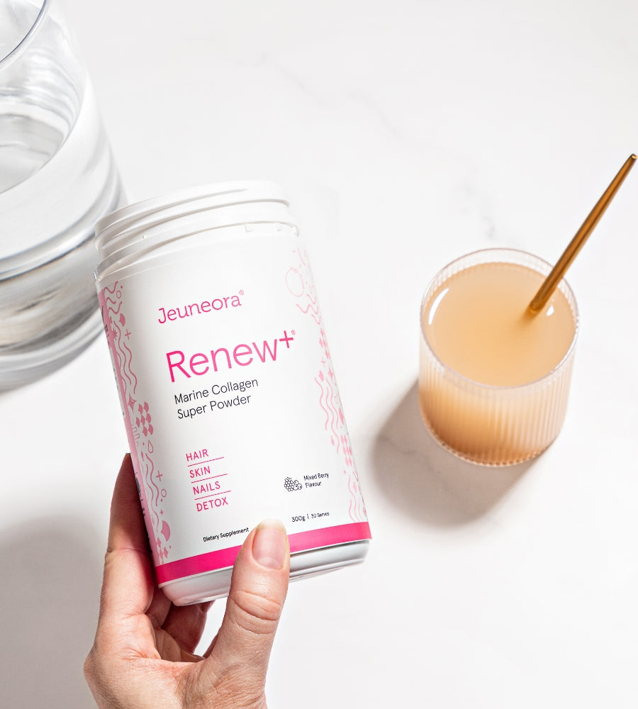 Pottle of Renew+ with a glass of marine collagen drink