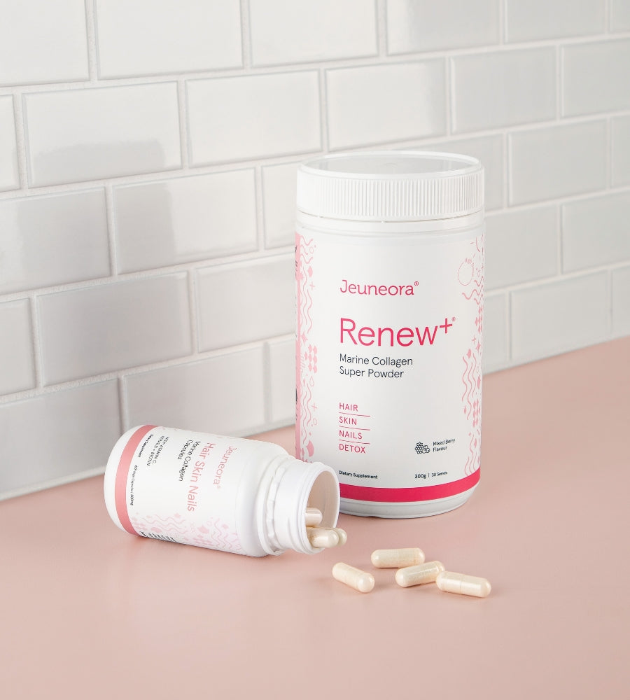 Jeuneora supplement containers sitting on kitchen bench 