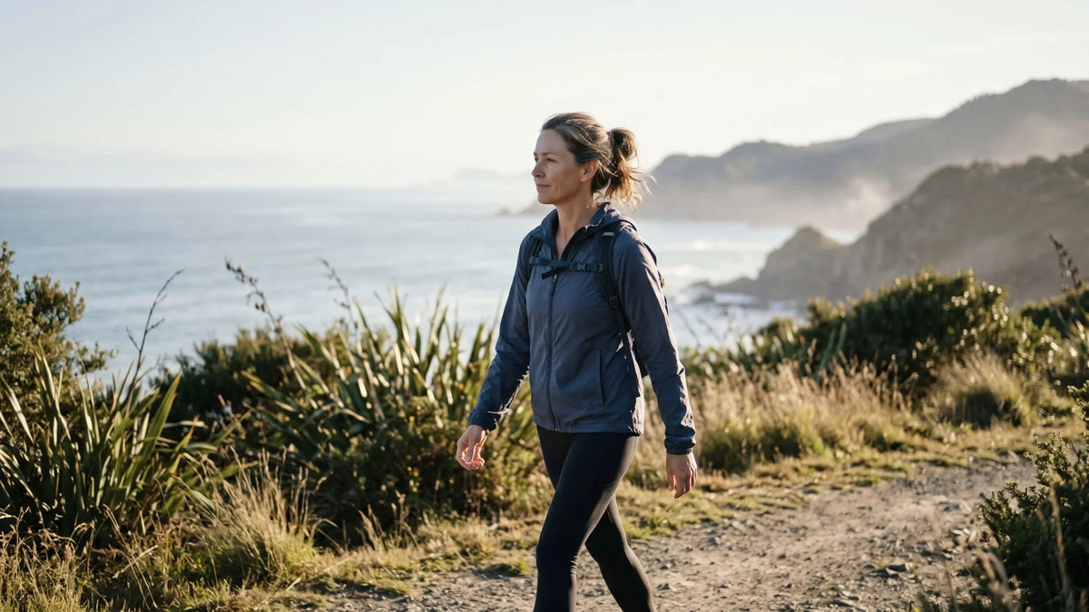 Woman in her 40s walking along a coastal path in New Zealand in early morning light