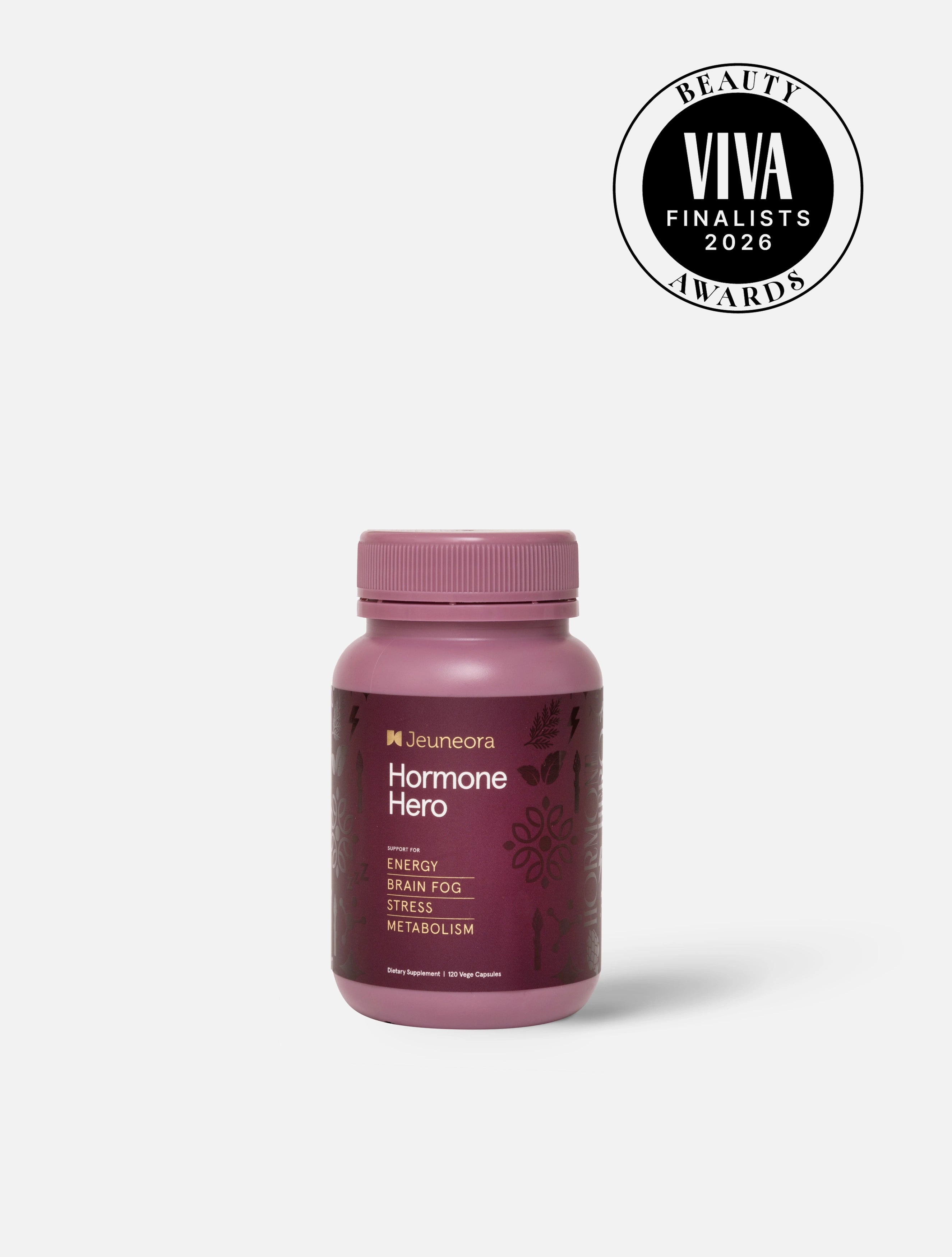 Jeuneora Hormone Hero supplement with Viva Beauty Awards 2026 Finalist badge