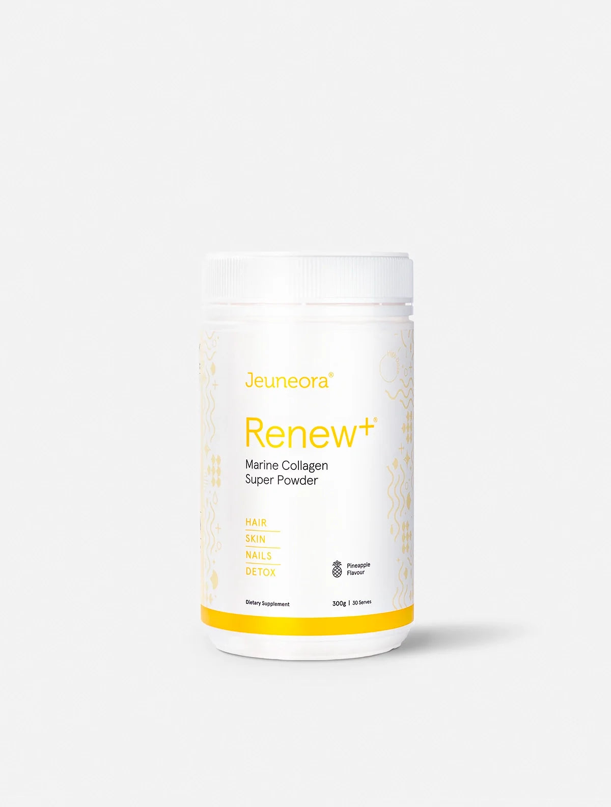 A container of Jeuneora Renew+ Marine Collagen Powder on a white background