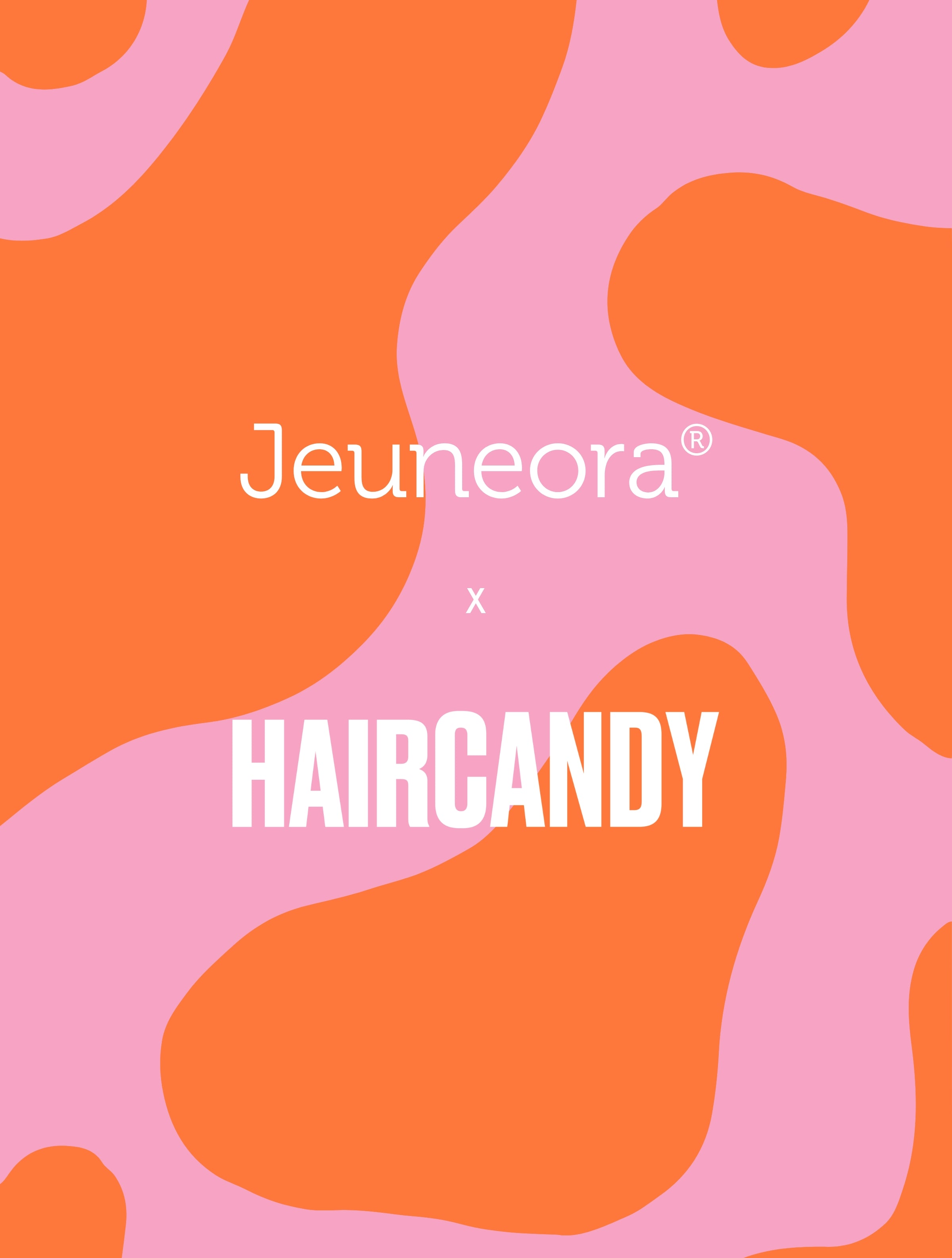 Jeuneora x Hair Candy collab card with pink and orange background