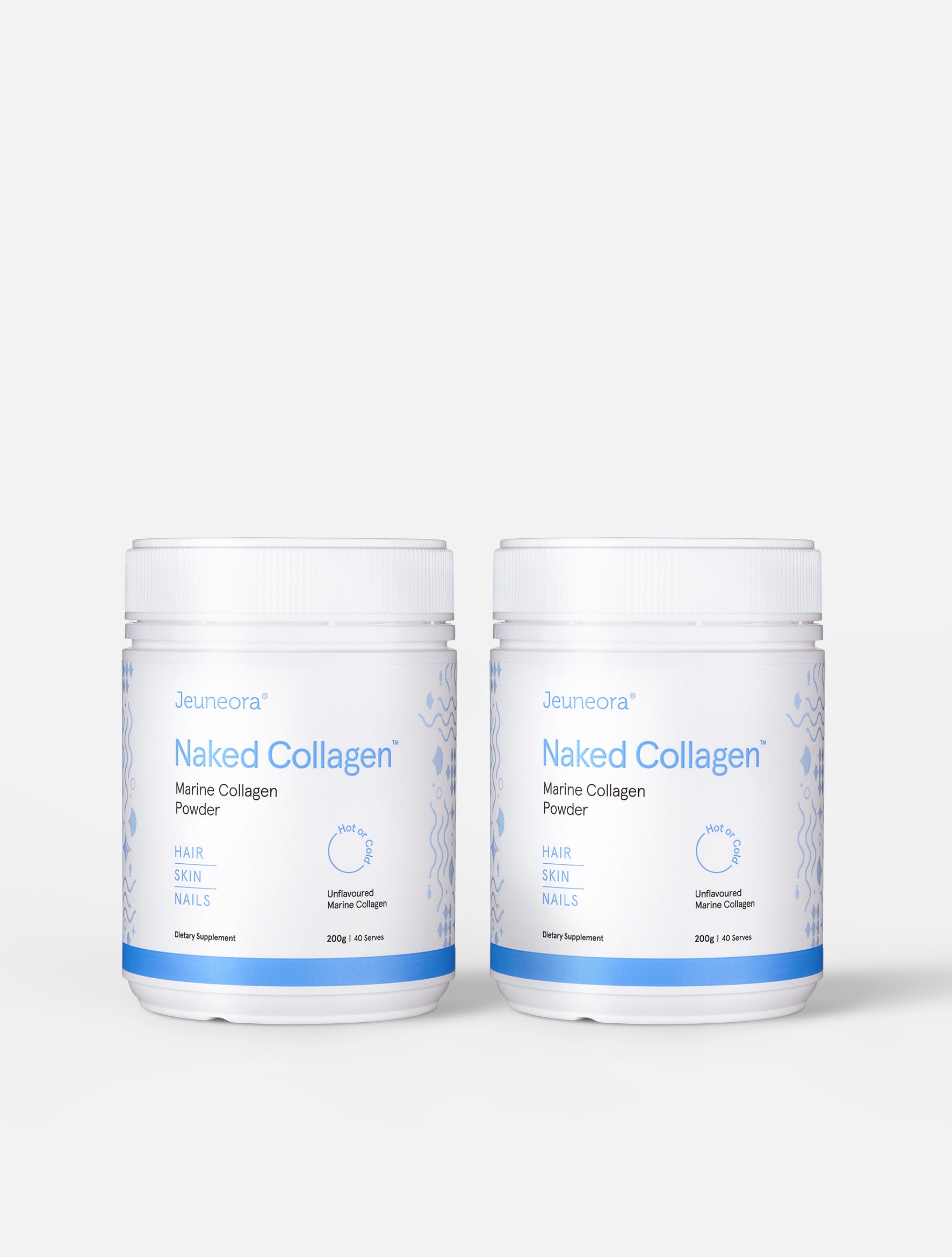 Two Jeuneora Naked Collagen Marine Collagen Powder pottles side by side, the twin pack save with sets option